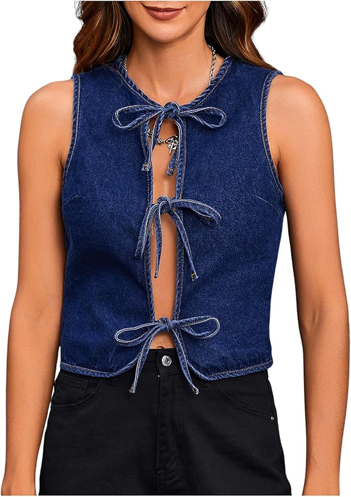 MakeMeChic Women's Jean Vest Tie Front Sleeveless Crop Denim Vest Top Jackets | Amazon (US)