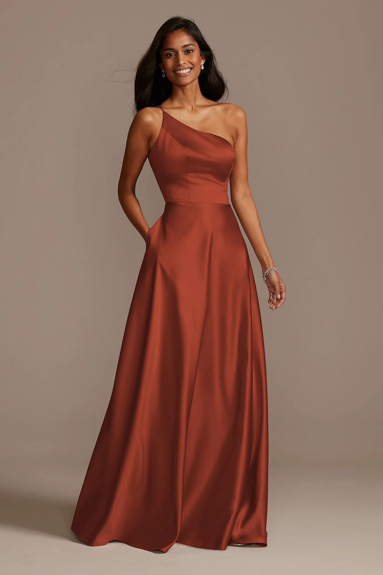 One Shoulder Satin A-Line Long Dress | David's Bridal