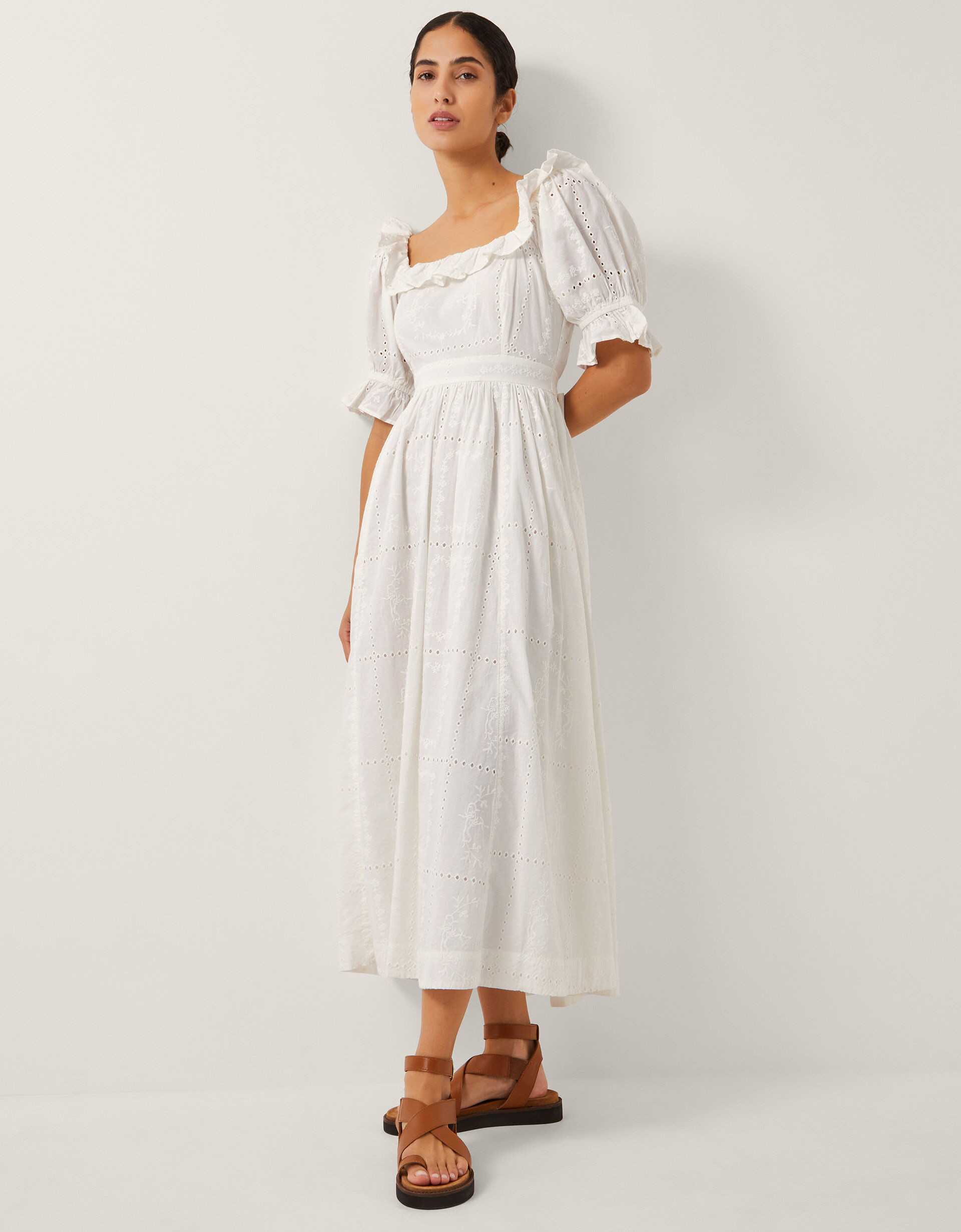 The India Edit Matilda Puff Sleeve Broderie Midi Dress White | Monsoon (UK)