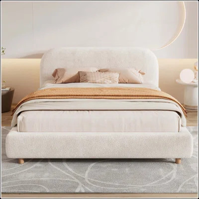 King Size Platform Bed with Boucle Fabric, Elegant Curve-Shaped Headboard, Easy Assembly, No Box Spring Required | Wayfair North America