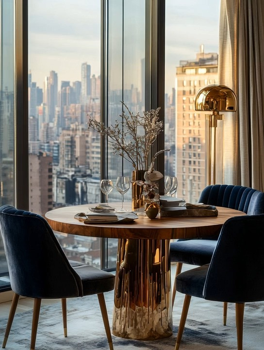 Dining with a view is the ultimate luxury—and if you live in a high-rise, this is how you recreate a true five-star hotel dining experience at home. A sculptural dining table paired with plush velvet chairs instantly sets the tone, while the gold floor lamp placed by the window becomes the secret hero of the space. During the day, it adds warmth and elegance without competing with natural light; at night, it softly frames the city skyline, enhancing the view and creating an intimate, elevated atmosphere for late-night dinners and quiet conversations. This combination of wood, velvet, and gold lighting feels timeless, refined, and intentionally luxurious—proof that thoughtful lighting is just as important as furniture when designing a high-rise home with a view.

#HighRiseLiving #LuxuryDiningRoom #HotelStyleHome 

 #LTKHome