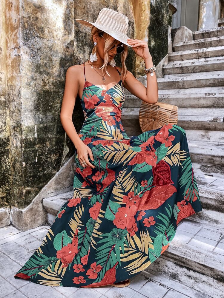 Random Tropical Print Criss-cross Backless Cami Dress | SHEIN