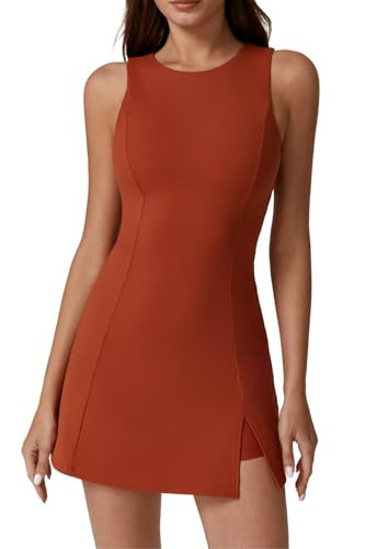 QINSEN Crew Neck Tennis Dress for Women Sleeveless Golf Dresses Bulid in Shorts with Pockets Brick Red S | Amazon (US)