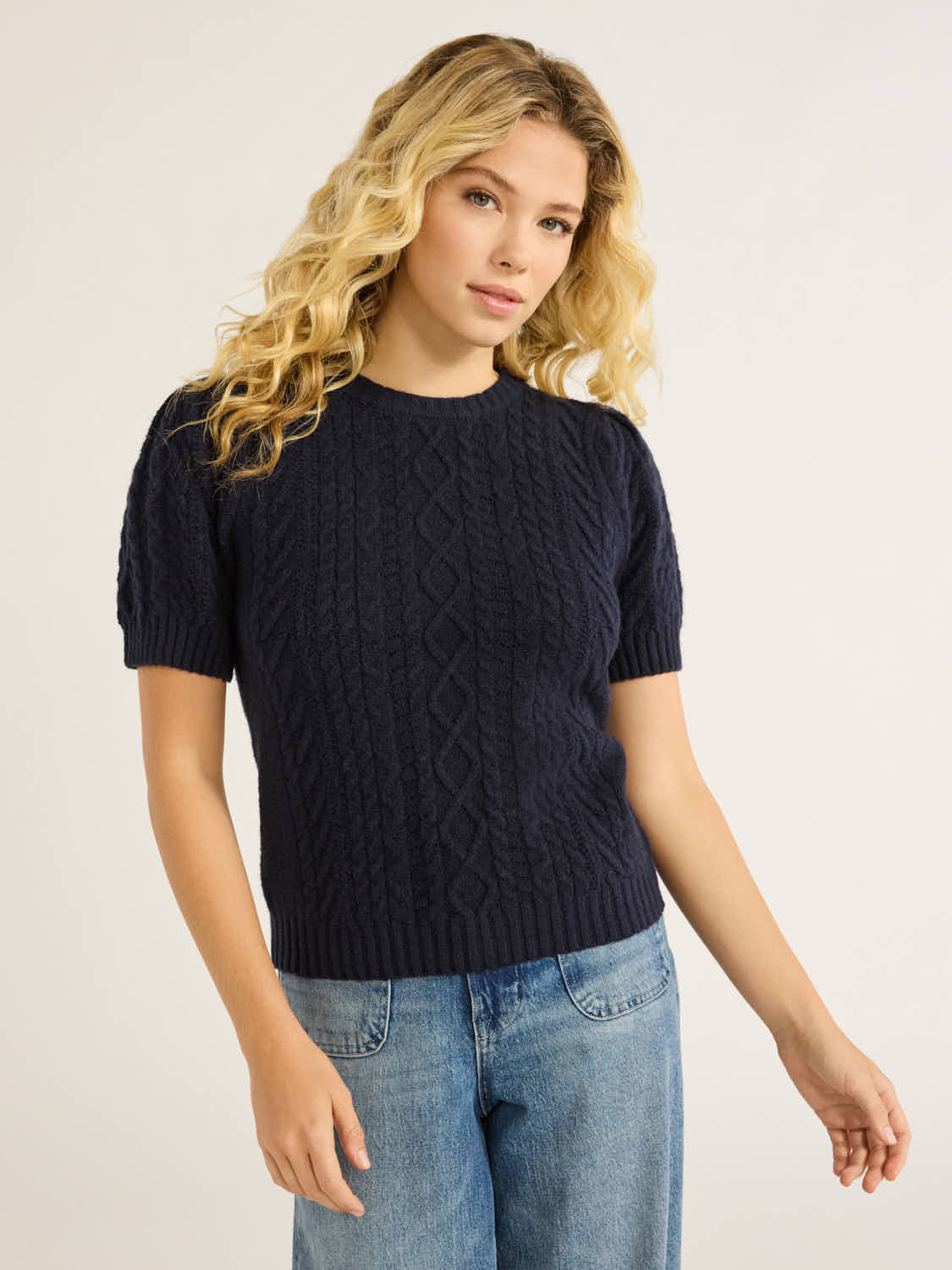 Free Assembly Women's Cable Knit Sweater with Short Puff Sleeves, Sizes XS-XXL | Walmart (US)