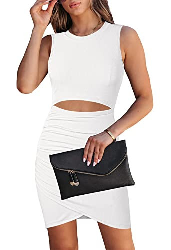 HUUSA Sexy Hollow Out Bodycon Dress Outfit for Women Date Night Sleeveless Crewneck Party Cocktail Club Ribbed Tank Sheath Pencil Mini Short Dresses White L | Amazon (US)