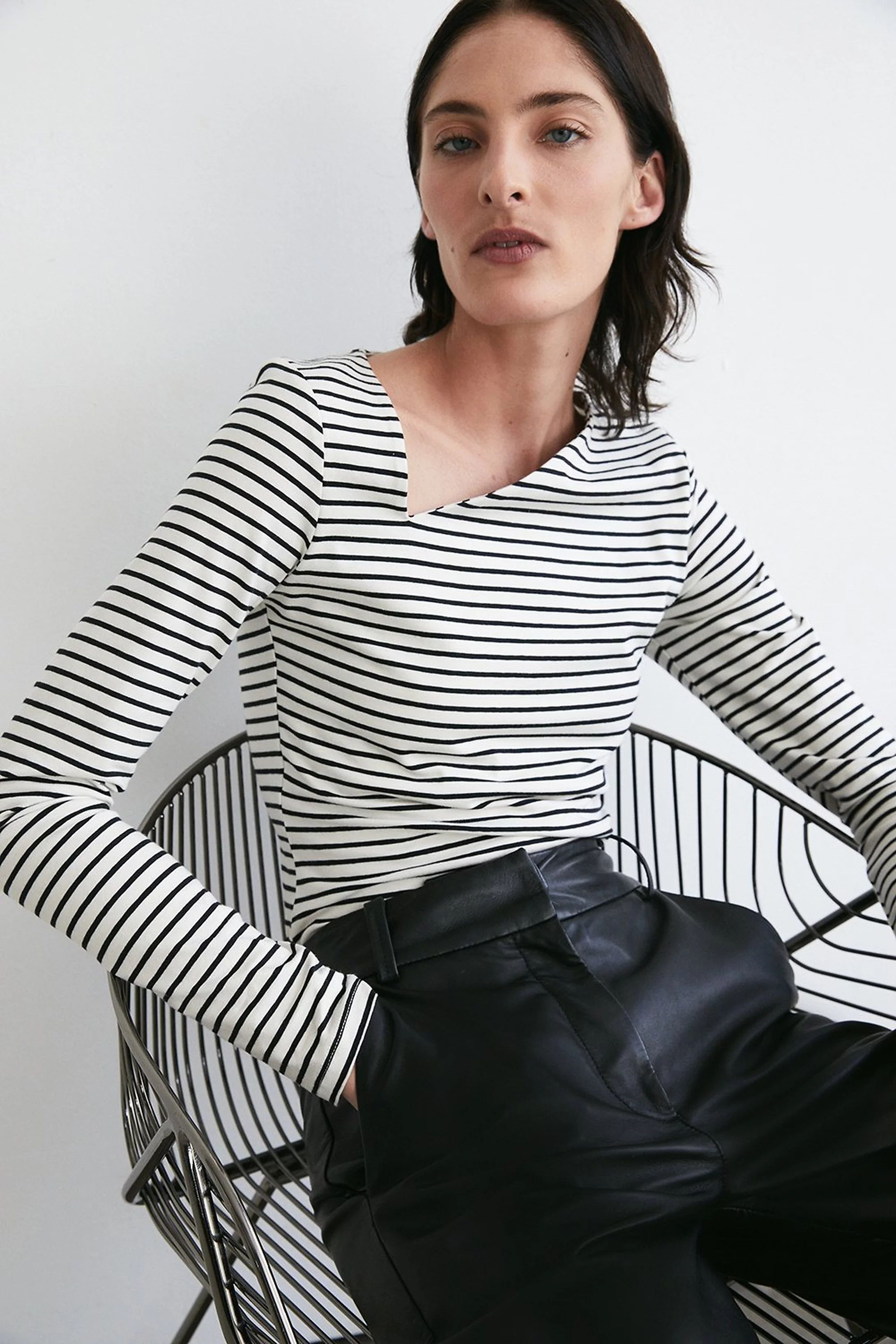 Cotton Stripe Asymmetric Neck Long Sleeve Top | Warehouse UK & IE