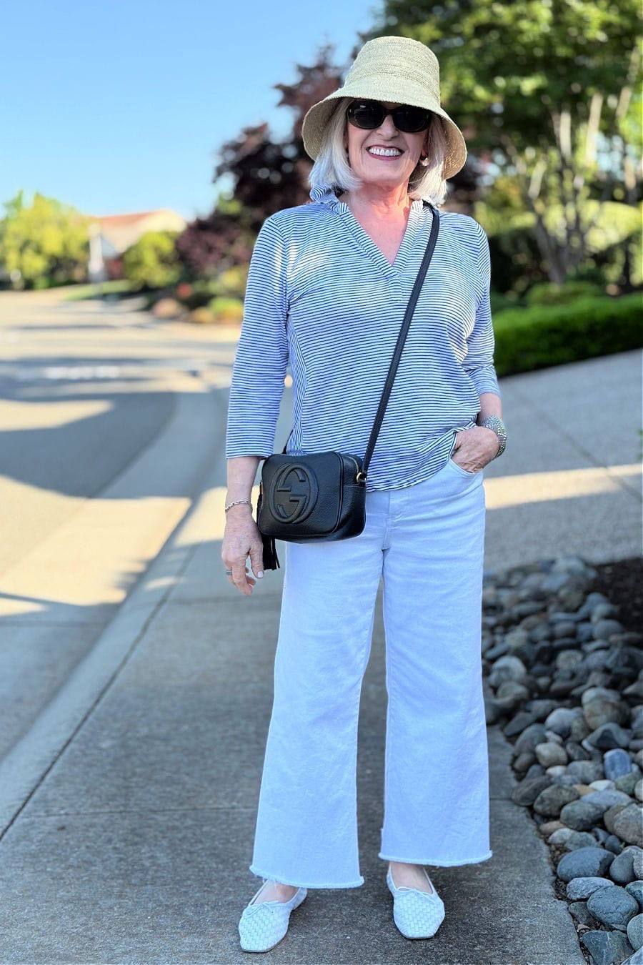 Loving this easy coastal-inspired look for sunny strolls and patio brunches! This striped tee from Kohl’s x Lands' End is the softest staple, and these Frank & Eileen wide-leg white jeans are so flattering and comfy. Paired with my go-to Gucci Soho bag, Janessa Leone hat, and woven Freda Salvador flats for a polished but relaxed vibe.


#Fashionover50 #LTKOver50Style #fashion #outfitinspiration #outfit #springoutfit #springfashion #springstyle #LTKSpringStyle #EffortlessChic #ClassicCasual #ClassicStyle #LTKfashion #EverydayOutfits #AgelessStyle #OOTD #LTKsummer #easyoutfits #FrankAndEileen #FredaSalvador #GucciStyle #JanessaLeone #WomensStyle #WideLegJeans

#LTKSeasonal #LTKOver40 #LTKStyleTip