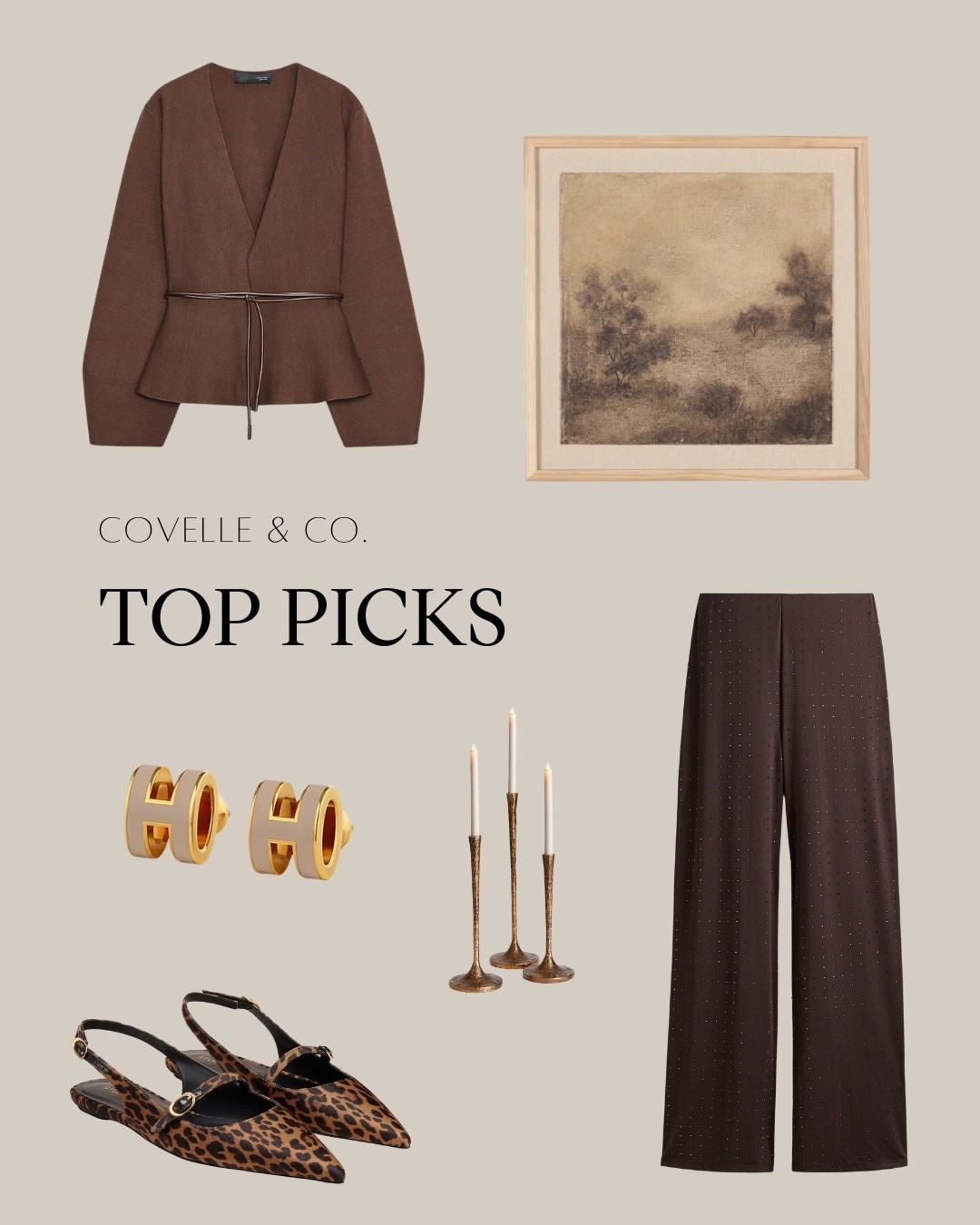 🍂 Top Picks for Fall 🍂
Fall calls for brown tones, cozy layers, and allll the warm vibes — and we’ve rounded up our Covelle & Co. favorites to get you there.

🧥 Zara Sweaters
✨ H&M Sparkly Brown Pants
🐆 Stuart Weitzman Cheetah Flats
🧡 Hermès Earrings
🕯️ Pottery Barn Candles
🎨 Painting by Aileen Fitzgerald

At Covelle & Co., we’re more than just real estate — we live and breathe design. From curating stunning homes to styling the spaces (and the people!) who bring them to life, every detail matters. This season, we’re channeling the same fall-inspired energy we bring to our listings and interiors — warm, layered, and effortlessly luxe.

Whether you’re styling your home or your outfit, this lineup wraps you in that perfect fall feeling. 🍁
#CovelleAndCo #FallFavorites #DesignInspo #CozyVibes #WayfairFinds #OOTDFall #InteriorDesign #FallMood #RealEstateMeetsDesign 

#LTKStyleTip #LTKHome #LTKFindsUnder100