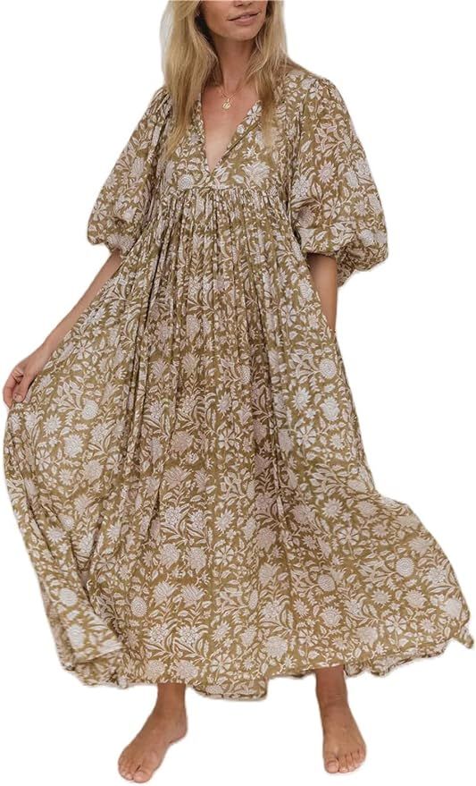 Alyweatry Women 2023 Summer Boho Midi Dress V Neck Puff Sleeve Floral Loose Flowy Swing Sundress ... | Amazon (US)