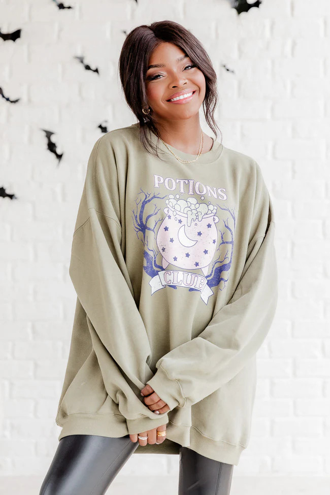 Potions Club Olive Oversized Graphic Sweatshirt | Pink Lily