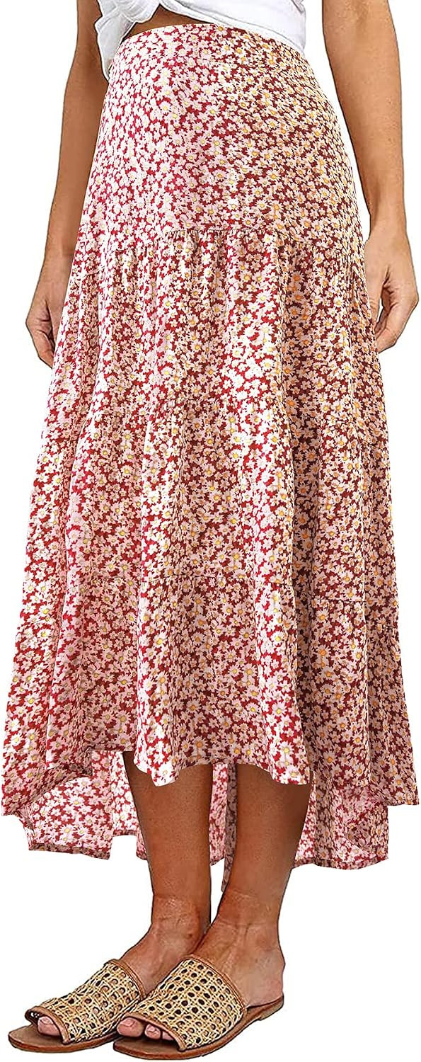 PRETTYGARDEN Women's Ditzy Floral Print Midi Skirt High Low Hem | Amazon (US)