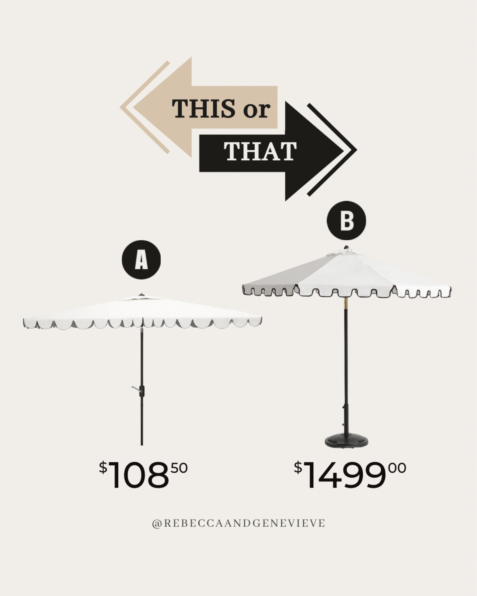 Similar design, both beautiful but with a different price tag. Which one would you pick?
-
Dupes. Save or splurge. Patio umbrella. Outdoor furniture. Home decor. 

#LTKhome #LTKSeasonal #LTKfindsunder100