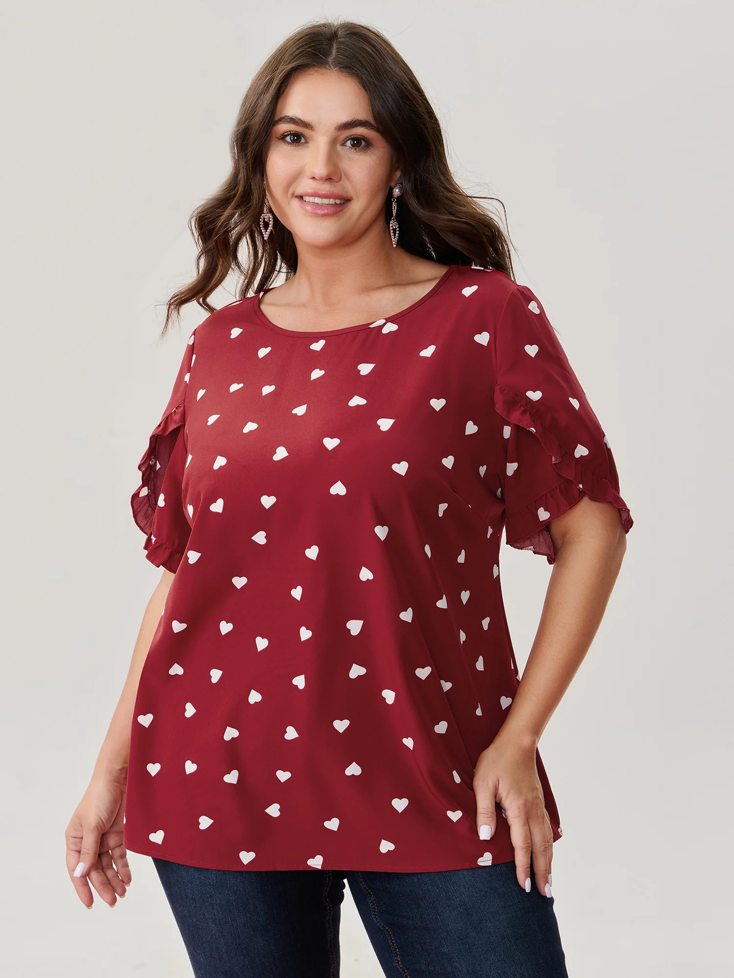 Ruffled Overlap Sleeve Heart Pattern Blouse | Bloomchic