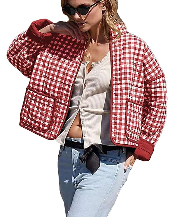 Bozanly Women's Cropped Puffer Quilted Jacket Plaid Printed Lightweight Long Sleeve Zipper Padded... | Amazon (US)