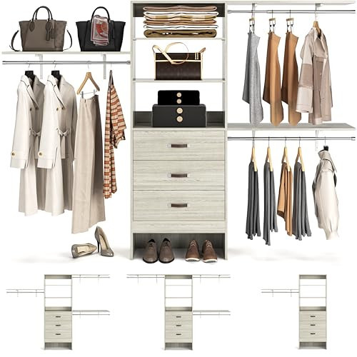 armocity 96 Inches Closet System, 8FT Walk In Closet Organizer with 3 Shelving Towers, Heavy Duty Clothes Rack with 3 Drawers, Built-In Garment Rack, 96" L x 16" W x 75" H, Load 1000 LBS, White Oak | Amazon (US)
