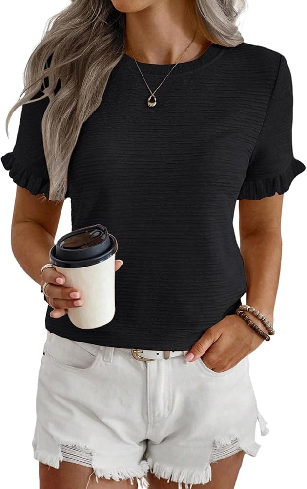 Summer Casual Ruffle Top Short Sleeve Textured Blouse Crewneck Loose T Shirt | Amazon (US)