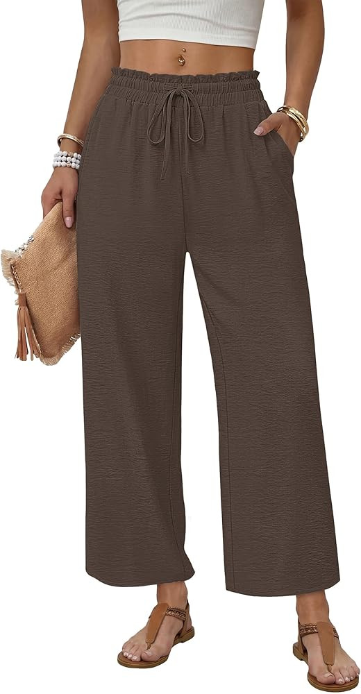 WIHOLL Wide Leg Pants Woman Flowy Palazzo Drawstring Elastic Waist Trousers with Pockets Casual L... | Amazon (US)