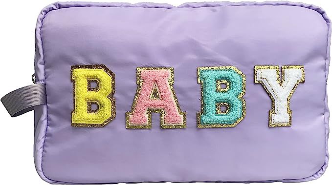 HAIBOLAN Large Nylon Zipper Makeup Bag Pouch with Chenille Letter Patches Travel Toiletry Bag Cos... | Amazon (US)