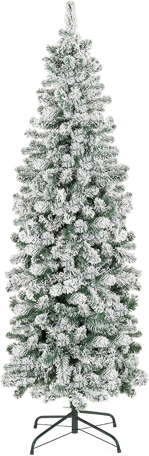 Best Choice Products 7.5ft Snow Flocked Artificial Pencil Christmas Tree Holiday Decoration w/Met... | Amazon (US)