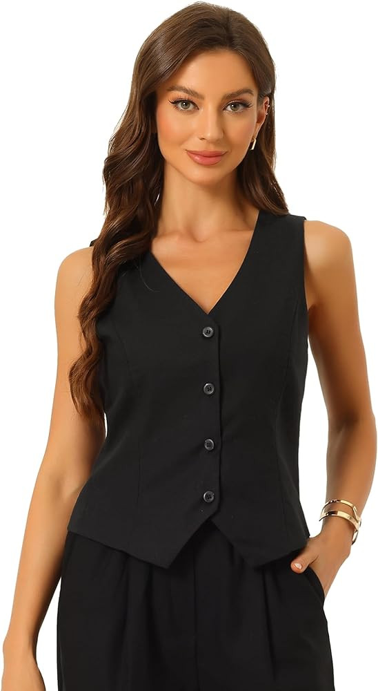 Allegra K Linen Vest Waistcoat for Women's Fashion Sleeveless Button Down V Neck Crop Top Summer ... | Amazon (US)