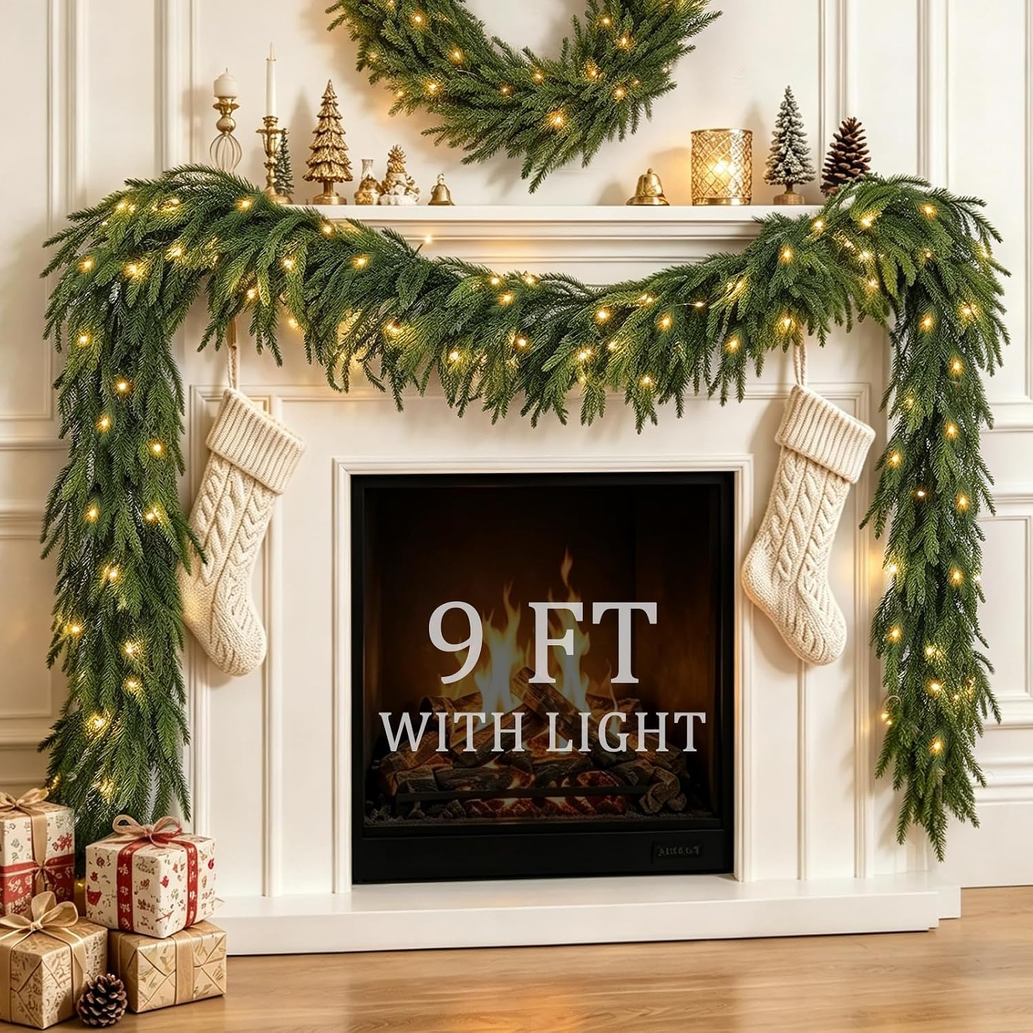 9 Ft 50 LED Prelit Christmas Garland with Lights Timer Norfolk Pine Garland | Amazon (US)