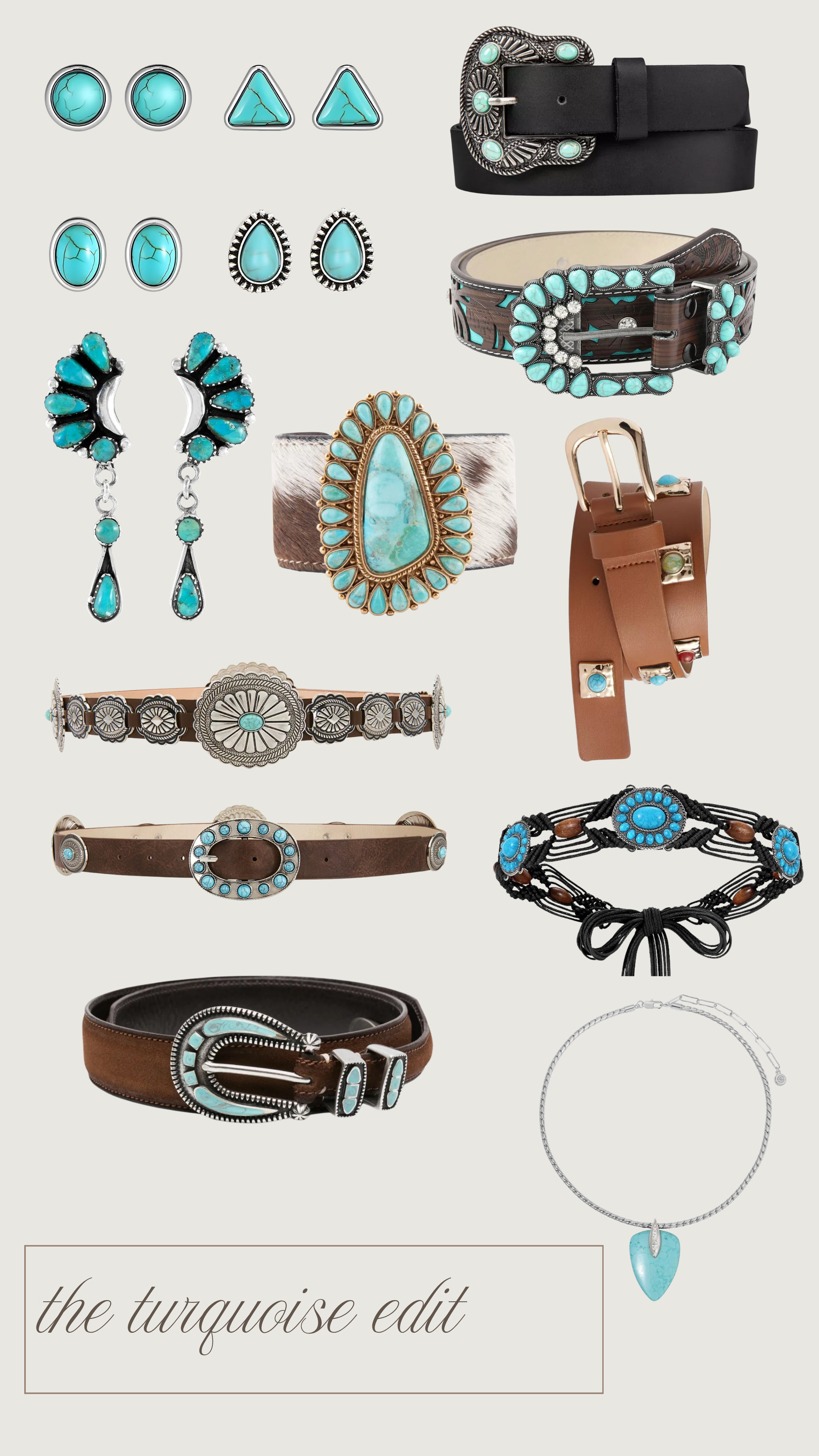 I have been loving everything turquoise recently! such a perfect way to add a pop of color in your fall outfits!

belts, earrings, necklace, arm cuff 

 #LTKgrwm #LTKootd