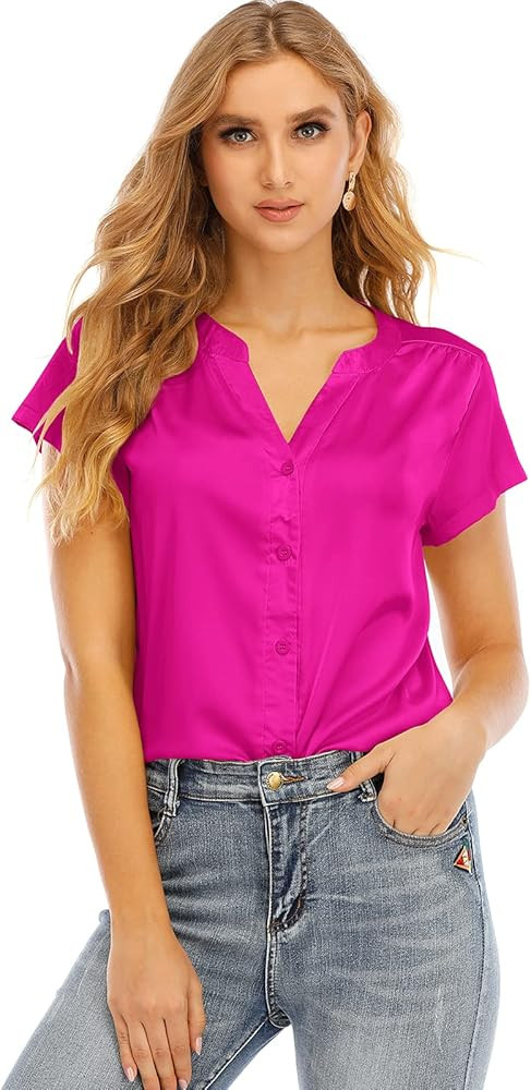 ouslee Women's Short-Sleeve Satin Blouse V Neck Silk Button Down Shirts Tops for Women | Amazon (US)