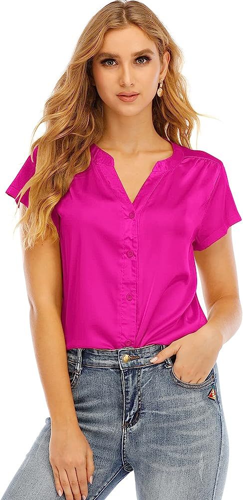ouslee Women's Short-Sleeve Satin Blouse V Neck Silk Button Down Shirts Tops for Women | Amazon (US)