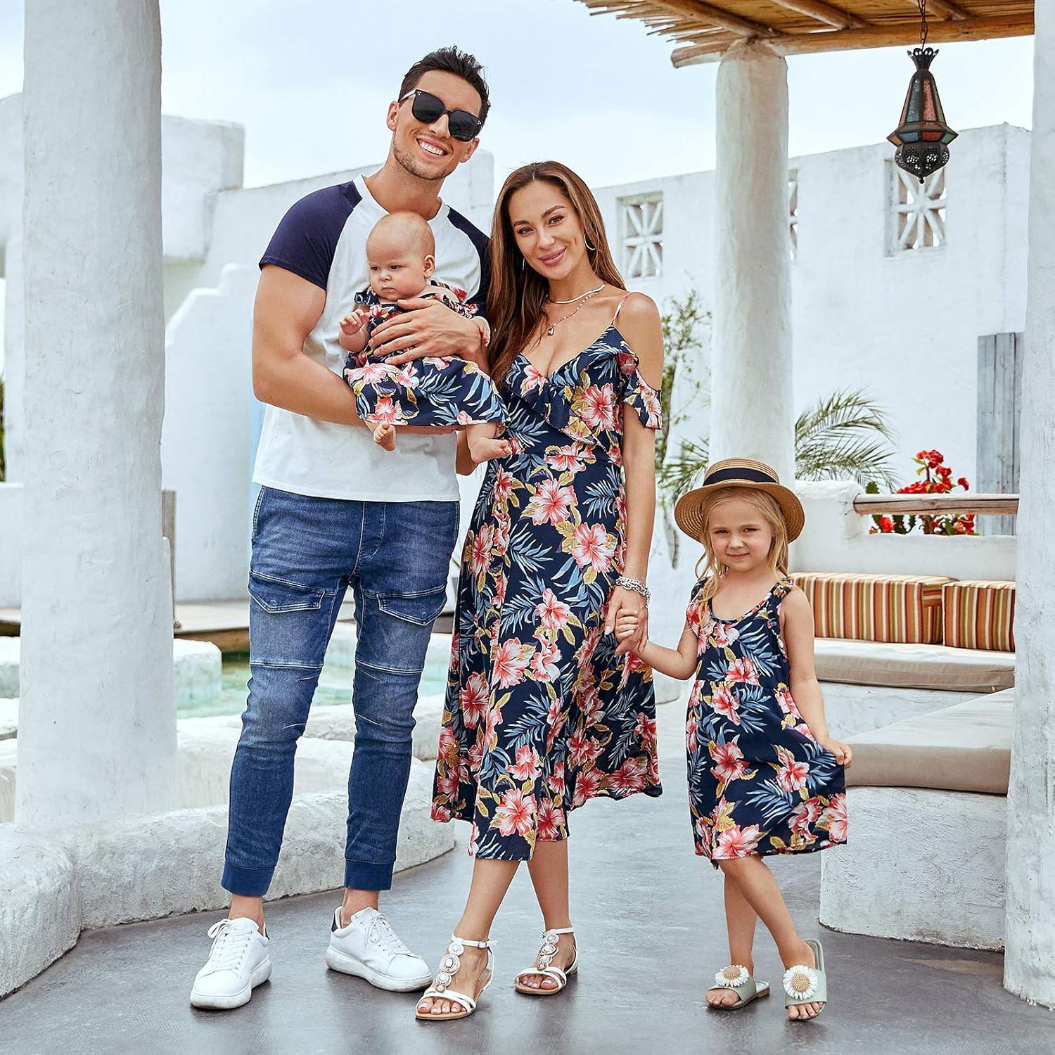 Mumetaz Family Matching Outfits Mommy and Me Dresses Floral Print Cold Shoulder V-Neck Ruffle Bac... | Amazon (US)