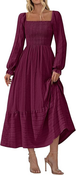 BTFBM Women Maxi Fall Dresses 2025 Long Sleeve Solid Color Square Neck Smocked Boho Long Wedding ... | Amazon (US)