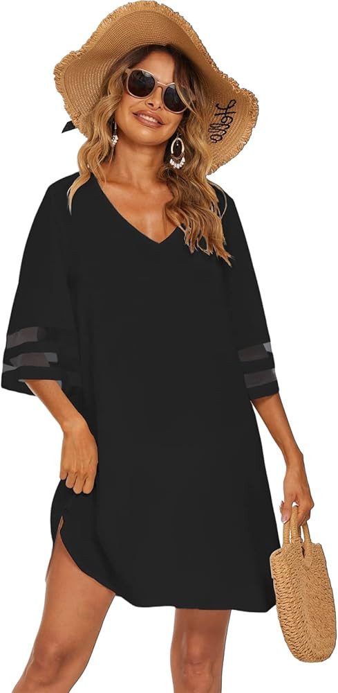 SimpleFun Women's Swimsuit Coverup Bathing Suit Cover Ups V Neck Summer Bikini Casual Loose Beach Dr | Amazon (US)