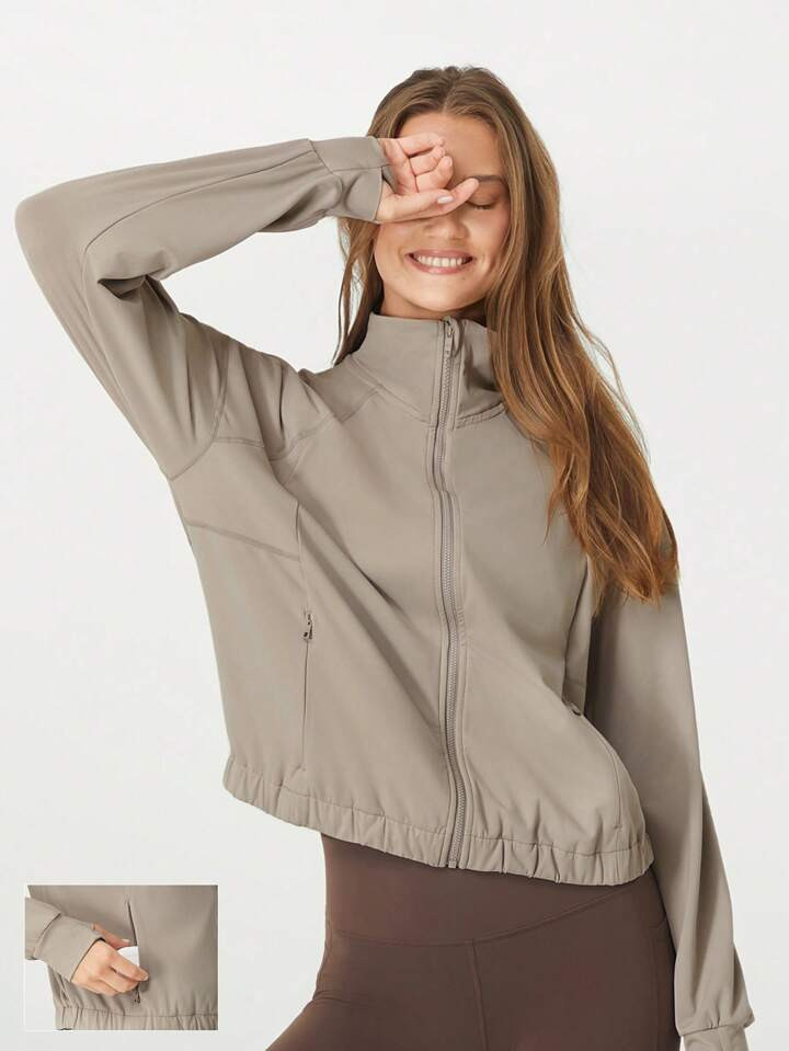 GLOWMODE Sweat-Wicking Quick-Dry Take A Stand Collar Sport Long Sleeve Jacket With Hidden Pockets Thumbholes Daily Casual | SHEIN