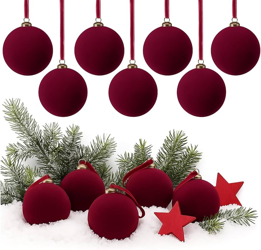 32 Pcs Burgundy Velvet Christmas Balls Bulk - 3.15 Inch Flocked Christmas Tree Ball Ornaments Xma... | Amazon (US)