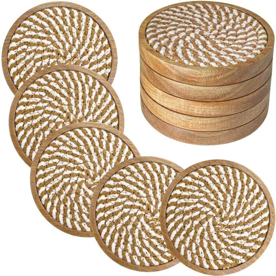 Eykao 5 Pack Coasters for Drinks Absorbent, 4.3 inches Woven Coasters for Coffee Tables, Wooden Drin | Amazon (US)