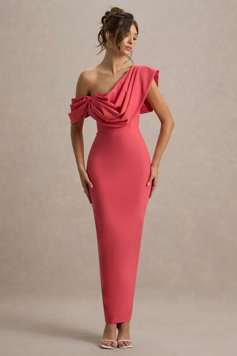Angelina | Pink Draped Shoulder Maxi Dress | Club L London