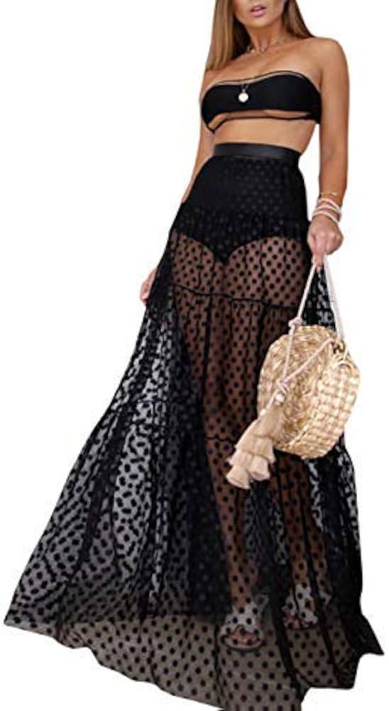 xxxiticat Women's Sexy Polka Dot Splicing See Through Maxi High Waisted Transparent Long Pleated ... | Amazon (US)