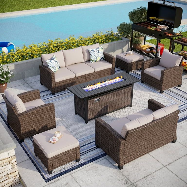 MF Studio 9-Seat Outdoor Patio Furniture Set with Fire Pit Table Wicker Patio Conversation Set Be... | Walmart (US)