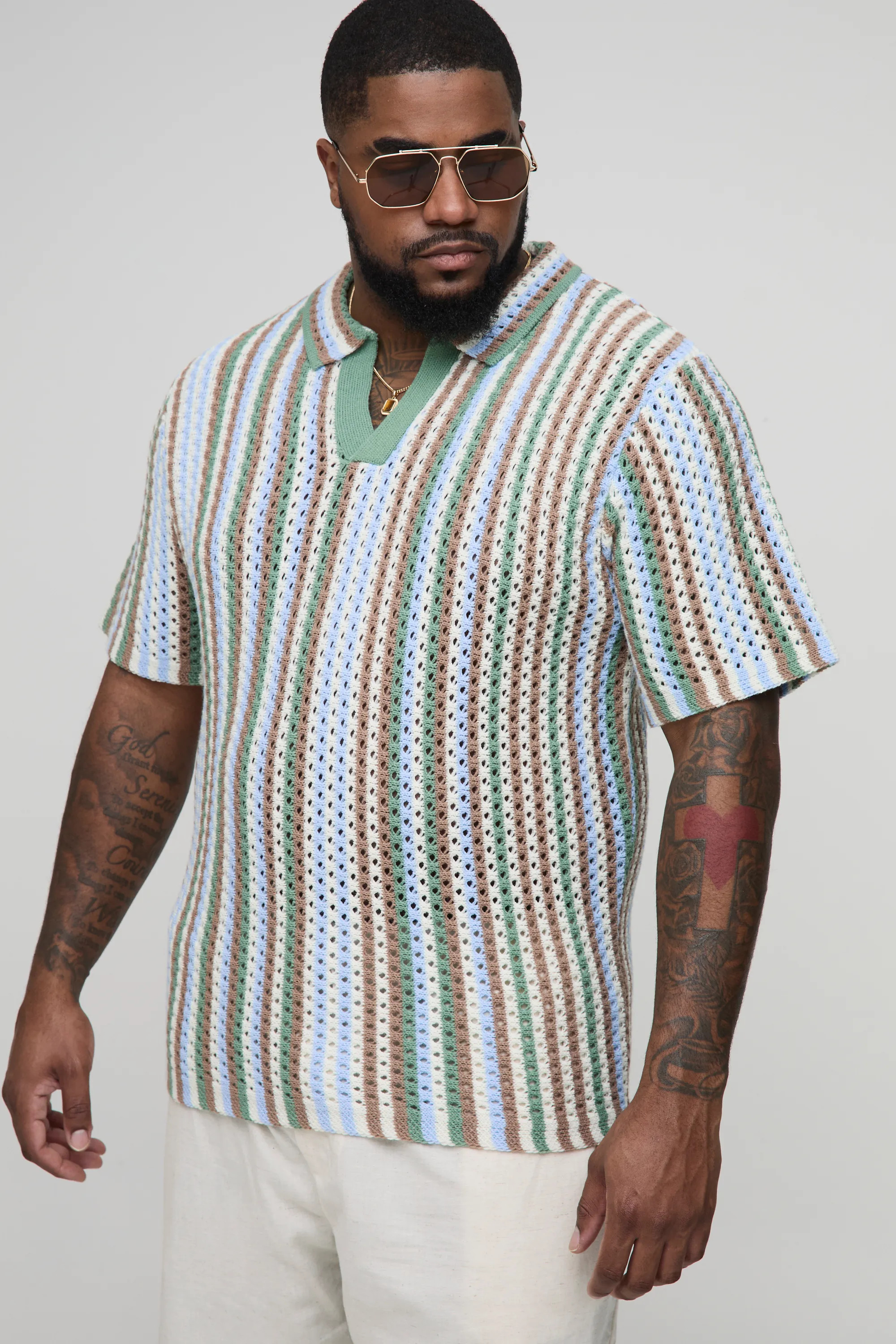 Plus Stripe Crochet Regular Fit Polo Shirt | boohooMAN (US & Canada)