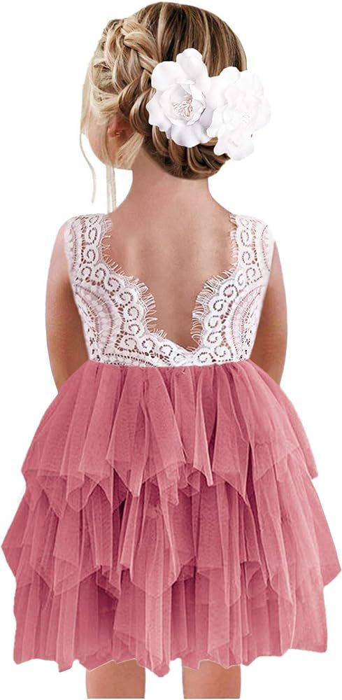 2Bunnies Girl Peony Lace Back A-Line Tiered Tutu Tulle Party Flower Girl Dress | Amazon (US)