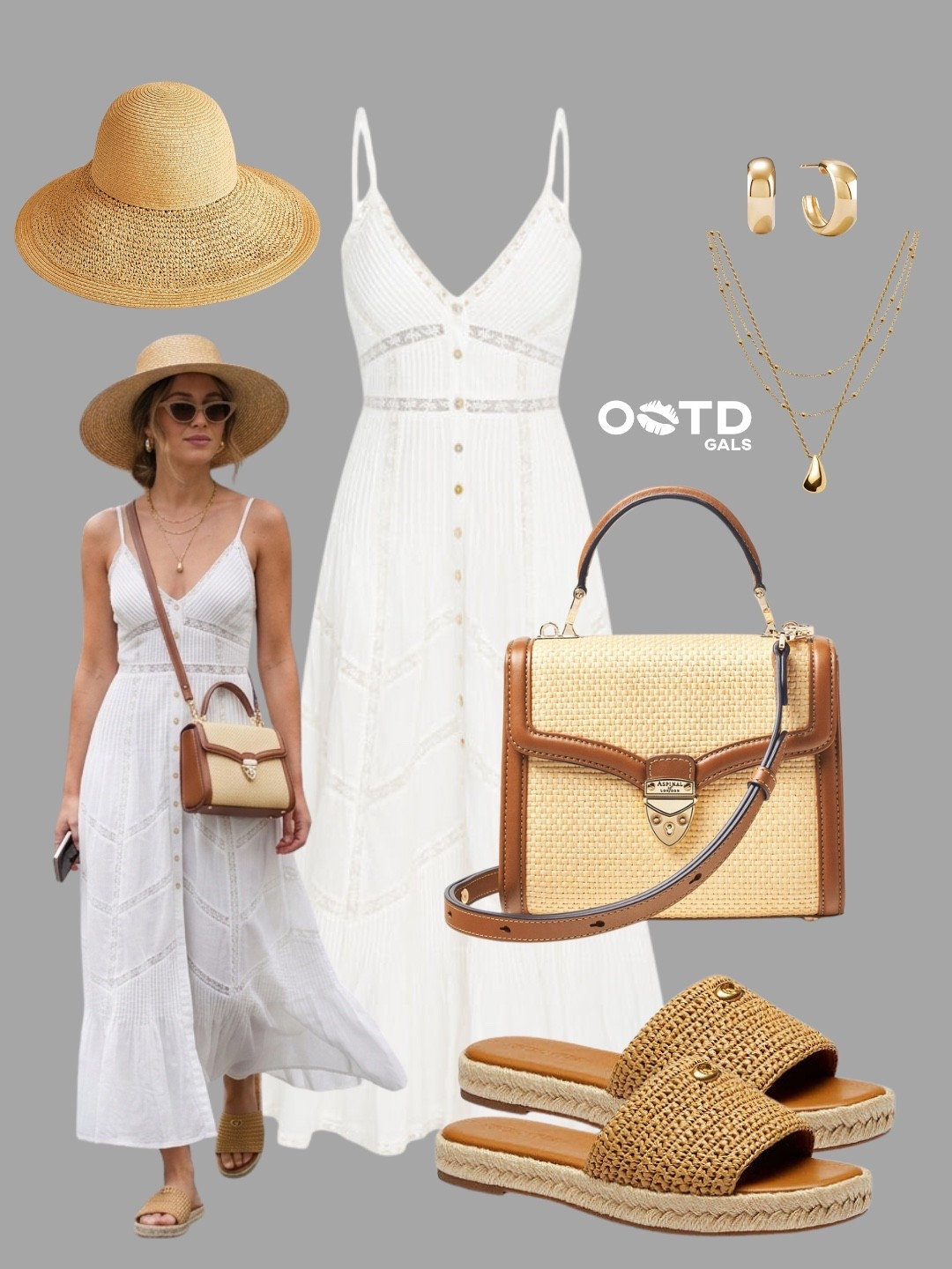 A timeless white summer dress and woven accessories never go out of style 🤍

This breezy maxi dress combines effortless elegance with natural textures for a look that feels chic, relaxed, and vacation-ready.

✨ Style Details:
• White button-front maxi dress with delicate lace-inspired details
• Woven structured top-handle bag with tan leather trim
• Raffia slide sandals with espadrille-inspired soles
• Layered gold necklaces and polished gold hoop earrings
• Wide-brim straw hat for a sophisticated resort touch
• Warm tan accessories that beautifully complement the crisp white dress

The mix of airy fabrics, straw textures, and gold jewelry creates a refined coastal aesthetic that feels elevated yet easy to wear.

Perfect for beach vacations, resort stays, sightseeing, brunch dates, cruise outfits, summer getaways, farmers markets, or sunny weekend afternoons.

#LTKspring #LTKdresses #LTKbag