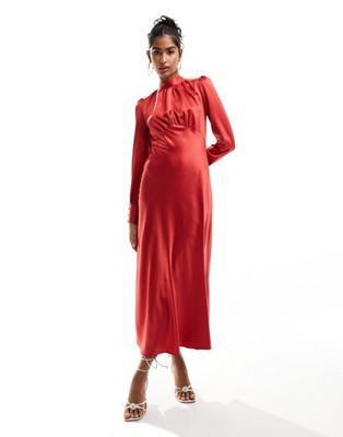 ASOS DESIGN high neck maxi satin tea dress in dark red | ASOS (Global)
