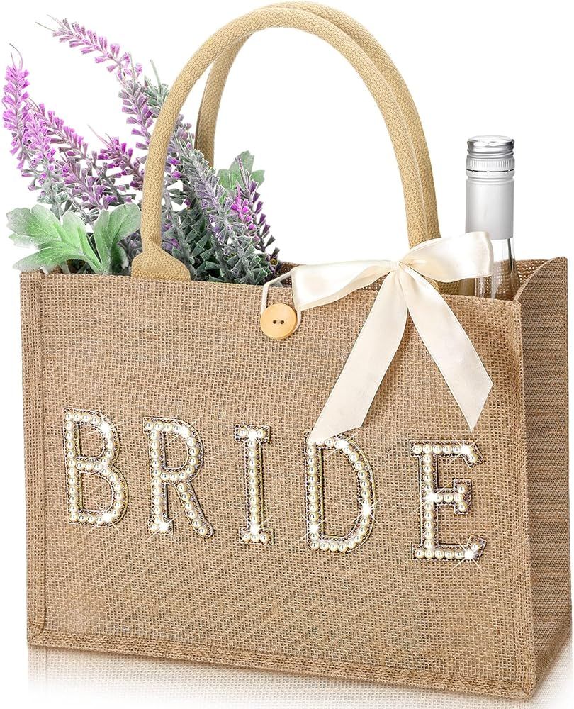 Wedding Bride Bag Natural Jute Bride Tote Bag with Ribbon Bride Gift Bag with Handle for Bridal S... | Amazon (US)