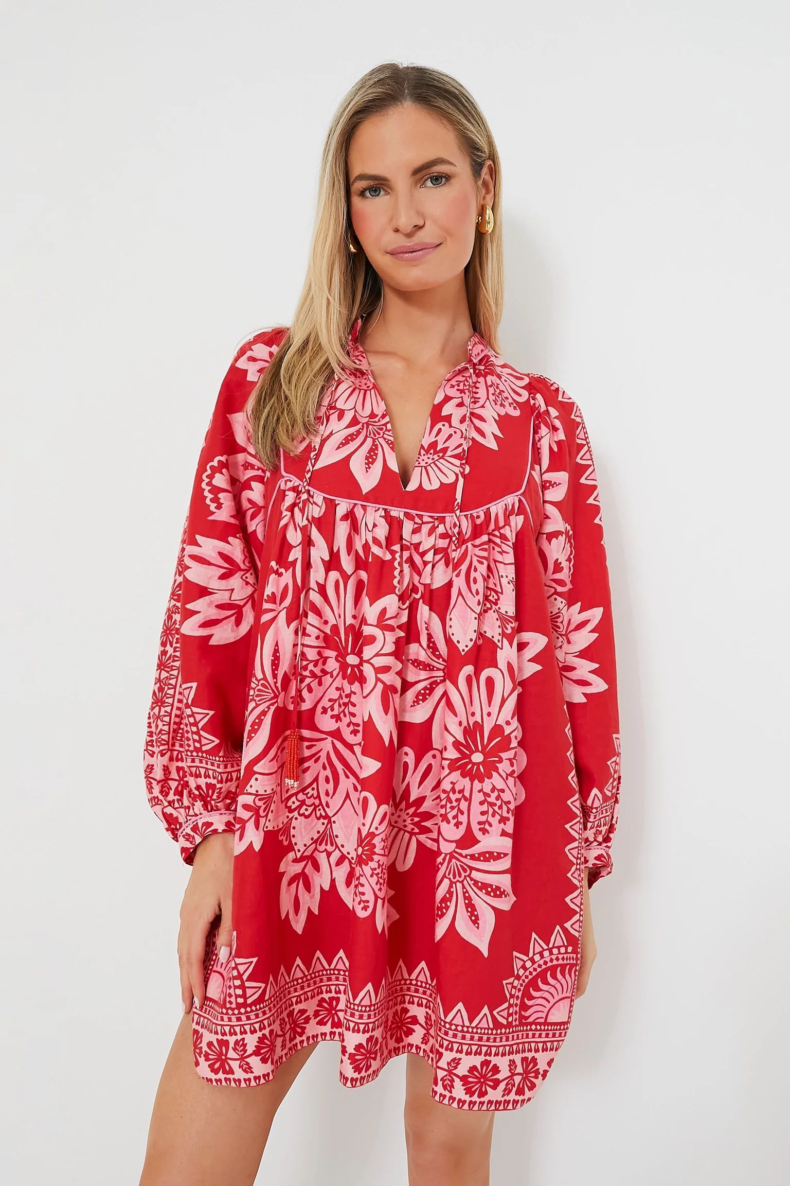 Red Long Sleeve Flora Tapestry Mini Dress | Tuckernuck (US)