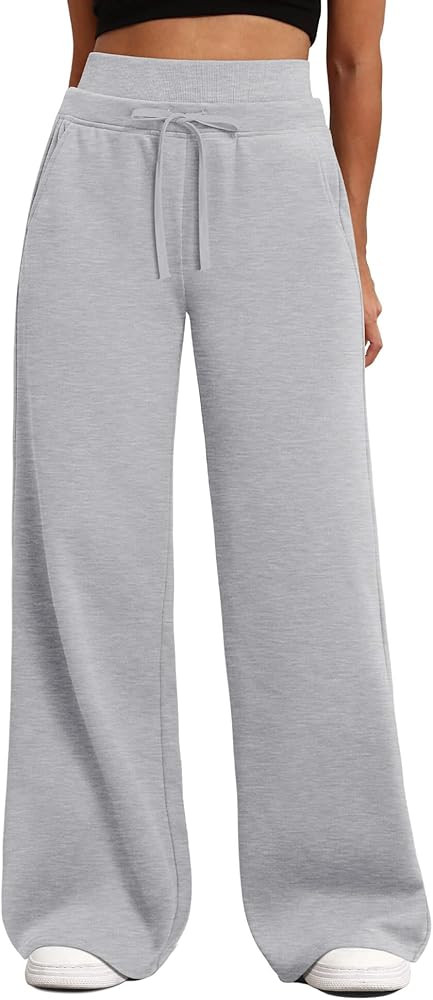 HeSaYep Women's Wide Leg Sweatpants Double Waisted Fleece Baggy Sweat Pants with Pockets | Amazon (US)