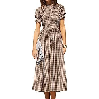 RIHOAS Women Shirred A-Line Midi Dress Summer Dresses Puff Short Sleeve Smocked Flowy Ruffle Boho... | Amazon (US)