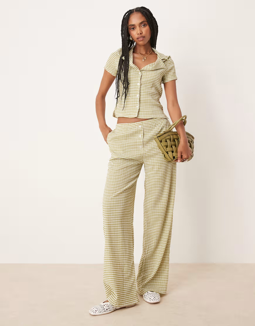 ASOS DESIGN button detail wide leg pants in green gingham - part of a set | ASOS (Global)