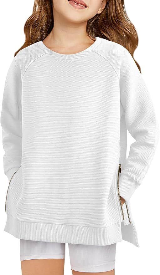 Haloumoning Girls Sweatshirts Casual Long Sleeve Crew Neck Pullover Tops with Side Zipper Fall Cl... | Amazon (US)