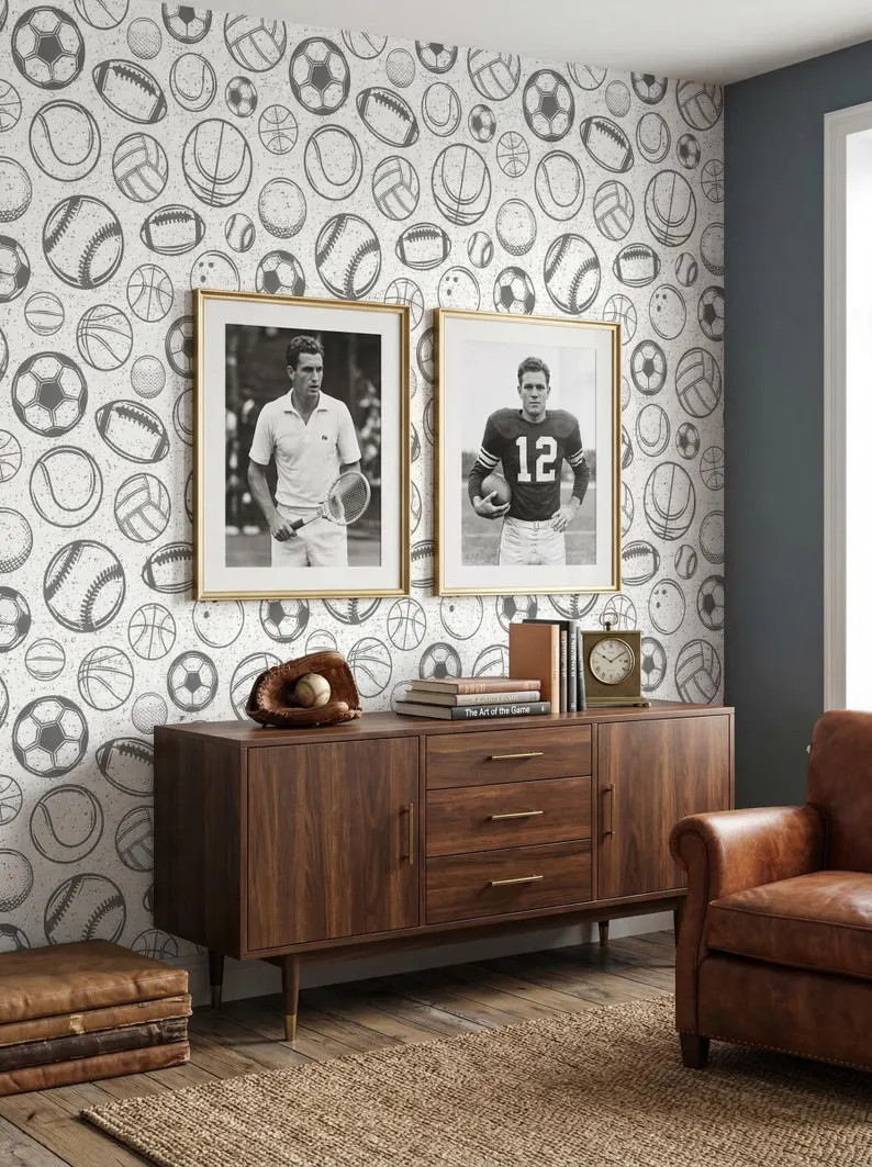 Sport Balls Wallpaper: Vintage Sports Mural, Baby Boy Nursery Decor | Etsy (Global)