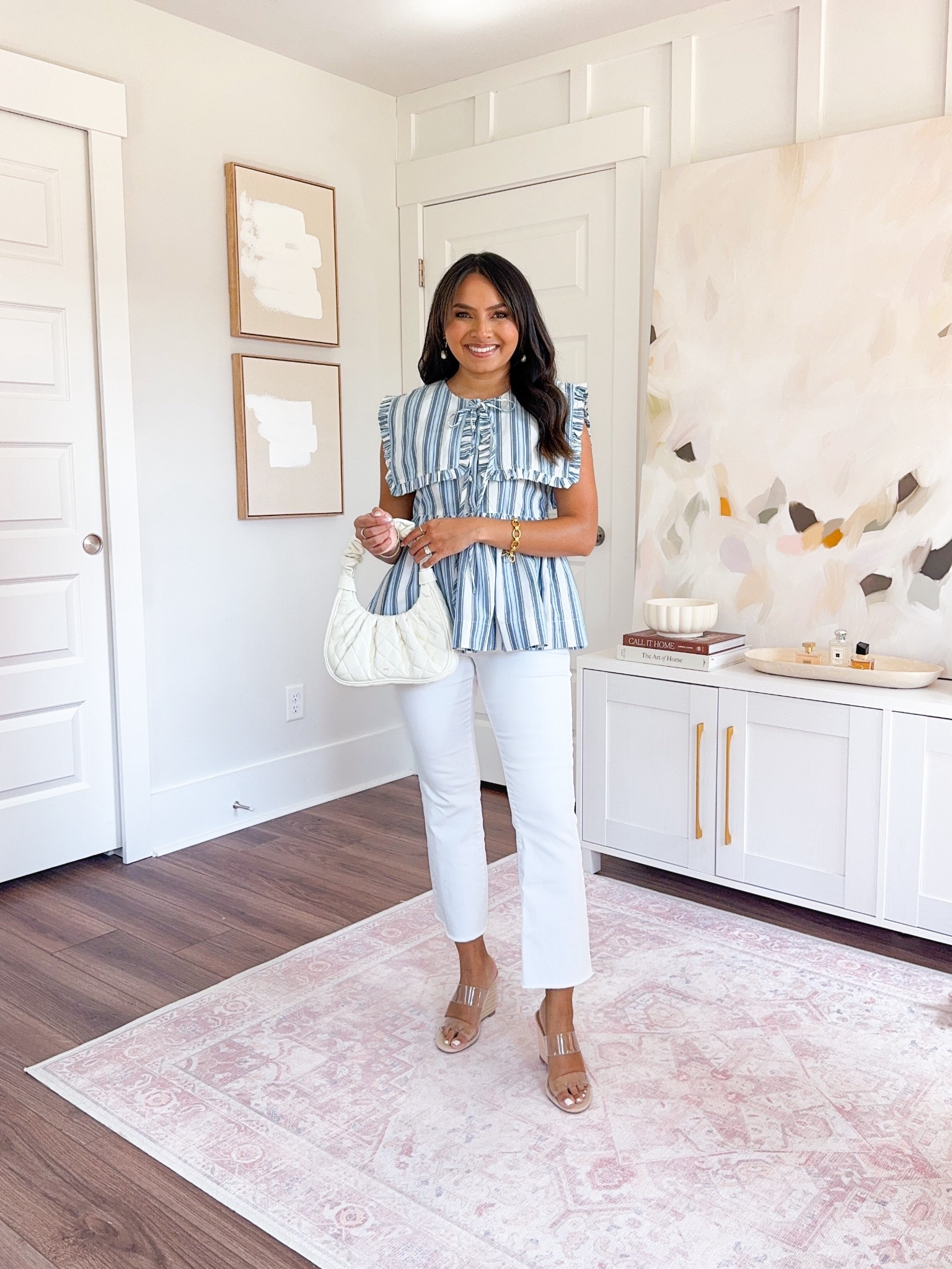 Anthro code! Use code RACHEL20 for 20% Off $100+ Reg Price Apparel, Accessories, Shoes, Beauty & Home -  some exclusions apply!

Blue stripe sailor top size 2 TTS
White jeans size 2 petite - these are the marilyn jeans but the frayed hem, linked the clean hem version
Clear wedge heels size 5 TTS


#LTKSaleAlert #LTKStyleTip #LTKPetite