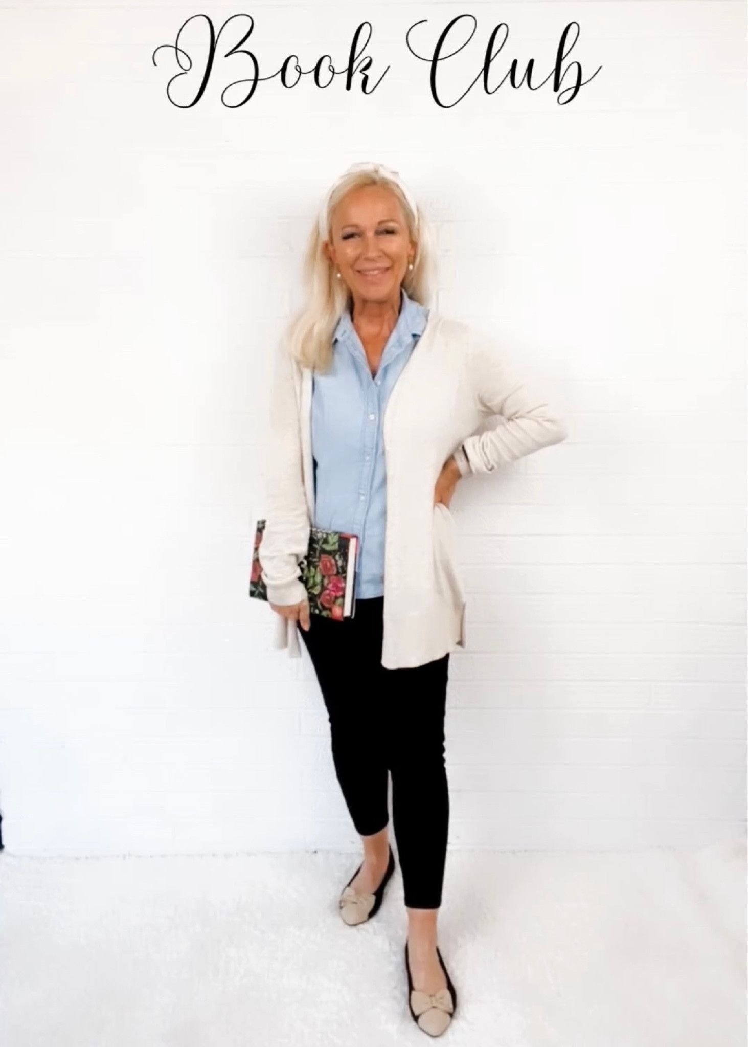 Weekend outfits for Midlife Women - Book Club Outfit!
- Beige Cardigan
- Chambray sleeveless button up
- black ankle pants
- ivory headband
- Black beige bow flats

#LTKunder50 #LTKSeasonal #LTKshoecrush